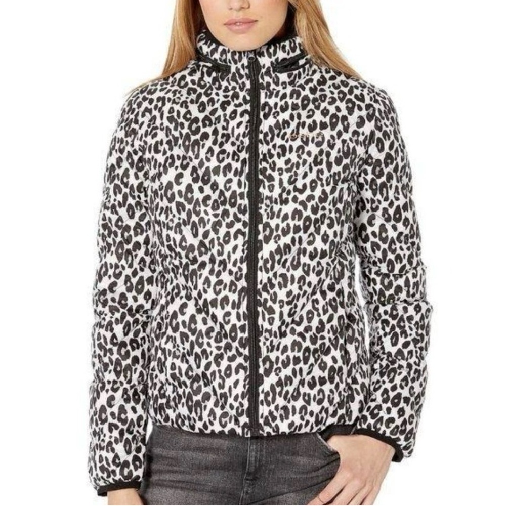 Bebe Women’s Leopard Cheetah Quilted Puffer Jacket
